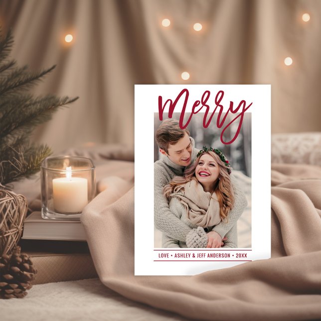 Merry Modern Ruby Red Script Newlywed Photo Holiday Card (Creator Uploaded)