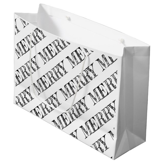 MERRY Modern Text Christmas Holiday Fun Black Large Gift Bag (Front Angled)