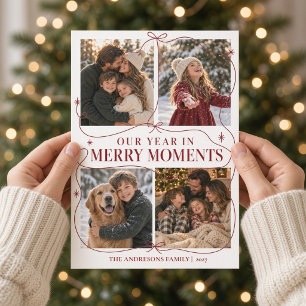 Merry Moments Burgundy Bow Christmas Photo Collage Holiday Card
