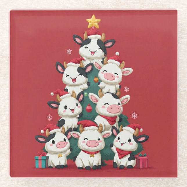 Merry Moo Christmas Glass Coaster (Front)