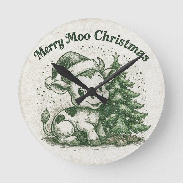 Merry Moo Christmas Round Clock (Front)