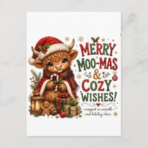 Merry Moo-Mas and Cosy Wishes – Cute Highland Cow  Holiday Postcard