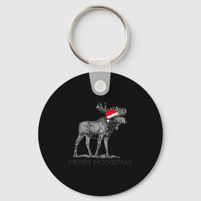 Merry Moosemas Christmas Moose With Santa Hat  Key Ring (Front)