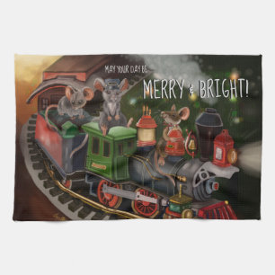 Merry Mouse Holiday Train Tea Towel