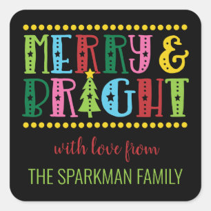 Merry N Bright Colourful Cute Personalised Holiday Square Sticker