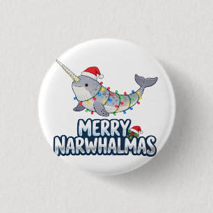 Merry Narwhalmas Wearing a Santa Hat Christmas 3 Cm Round Badge