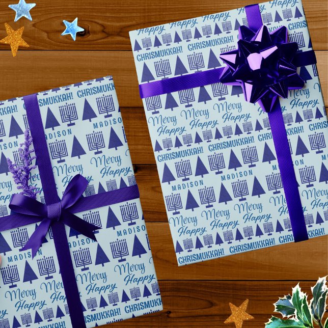 Merry Navy Interfaith Childs Name Chrismukkah Wrapping Paper (Add a child's name to this fun Chrismukkah wrapping paper perfect for interfaith holiday families)