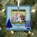 Merry Navy Interfaith Chrismukkah Double Sided Metal Tree Decoration<br><div class="desc">Create your own cute Chrismukkah ornament in navy and light blue and featuring your photo, front and back, for a one of a kind family keepsake. From the simple navy blue Christmas tree to the matching navy blue Hanukkah menorah, this dark navy and pastel blue square metal ornament will commemorate...</div>