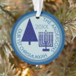 Merry Navy Interfaith Chrismukkah Photo Keepsake Ornament<br><div class="desc">Personalise this cute OUR 1ST CHRISMUKKAH ornament in navy and light blue for a one of a kind family keepsake. From the simple navy blue Christmas tree to the matching navy blue Hanukkah menorah, this dark navy and pastel blue acrylic ornament will commemorate your first blended interfaith holiday. The reverse...</div>