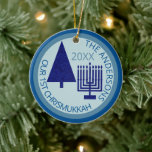 Merry Navy Interfaith Cute 1st Chrismukkah Photo Ceramic Tree Decoration<br><div class="desc">Personalise this cute OUR 1ST CHRISMUKKAH ornament in navy and pastel blue for a one of a kind family keepsake. From the simple navy blue Christmas tree to the matching navy blue Hanukkah menorah, this dark navy and light blue ceramic ornament will commemorate your first blended interfaith holiday. Upload your...</div>