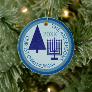 Merry Navy Interfaith Cute 1st Chrismukkah Photo Ceramic Tree Decoration