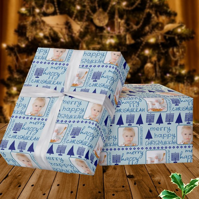 Merry Navy Interfaith Cute Chrismukkah Photo Wrapping Paper (Add a photo to this cute blue Chrismukkah wrapping paper for interfaith families and holidays)