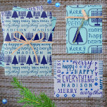 Merry Navy Interfaith Everything Add Childs Name Wrapping Paper Sheet<br><div class="desc">Add this MERRY HAPPY EVERYTHING personalised gift wrapping sheet assortment with your child's name and a typography design theme of dark blue mixed fonts and navy blue Menorahs and Christmas trees to your one of a kind personalised Hanukkah, Christmas or interfaith Chrismukkah celebration. Wrapping Paper Sheet One is set on...</div>