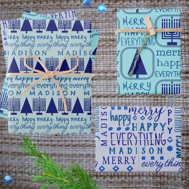 Merry Navy Interfaith Everything Add Childs Name Wrapping Paper Sheet (Personalize this Merry Happy Everything holiday wrapping paper with children's names)