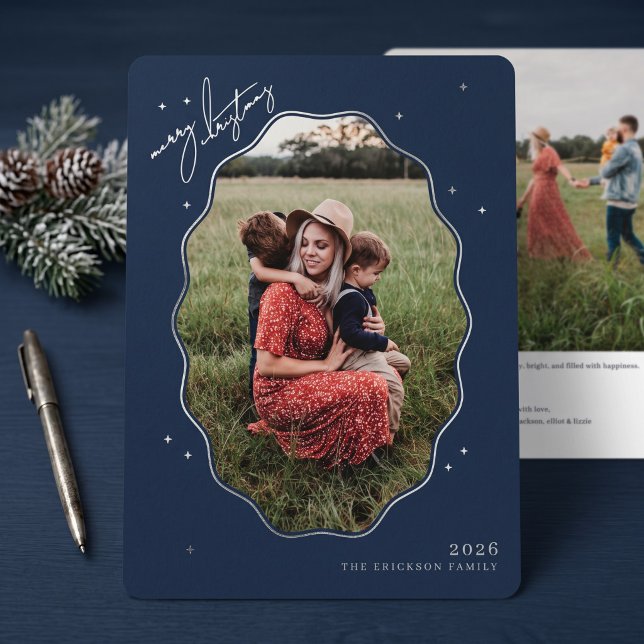 Merry Navy Scallop Frame Photo (Simulated cards on table)