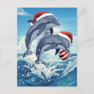 Merry Ocean Dolphins Santa Hats Christmas Holiday Postcard