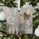 MERRY Overlay Typography' Photo Christmas Glass Tree Decoration<br><div class="desc">Decorate your home this holiday season with this modern Christmas photo Glass Christmas Keepsake Ornament. Design features the text MERRY in a transparent typography,  overlaying a photograph of your choice. Simply add family name and viola!</div>