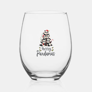 Merry Pandamas Pun Panda Christmas (2) Stemless Wine Glass