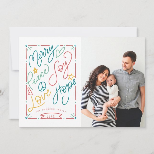 Merry Peace Joy Love Hope Handdrawn Bright Holiday Card (Front)
