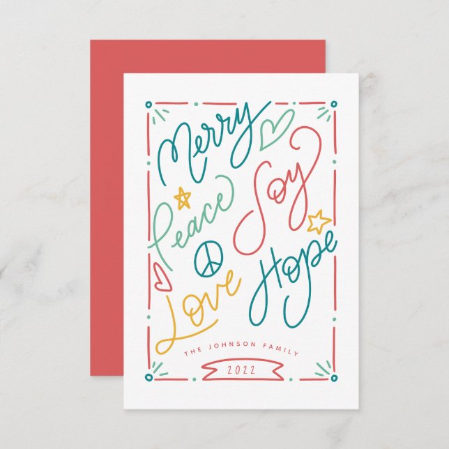 Merry Peace Joy Love Hope Handdrawn Bright Holiday Card (Front/Back)