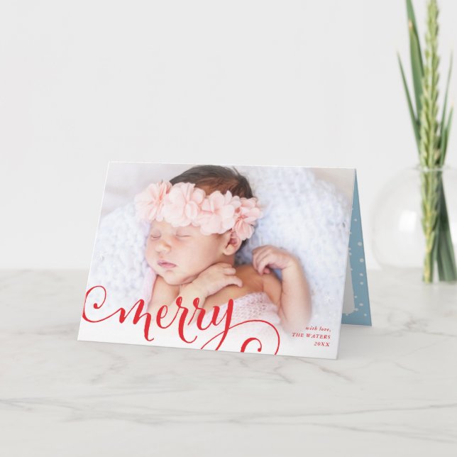 MERRY PHOTO family fun calligraphy overlay red Holiday Card (Front)