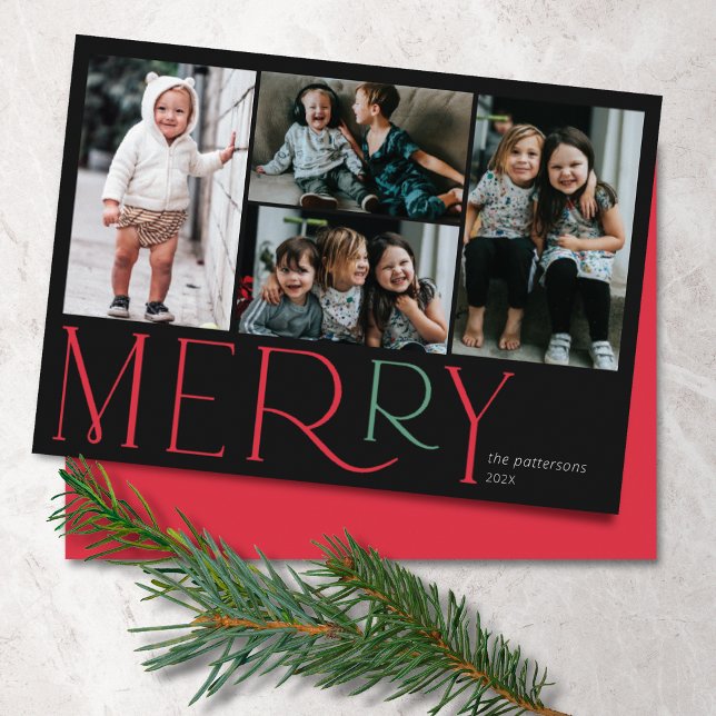 Merry Photo Simple Black Red Green Holiday Card (Creator Uploaded)