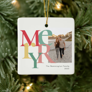 Merry Photo Simple Red Green Yellow Ceramic Ornament