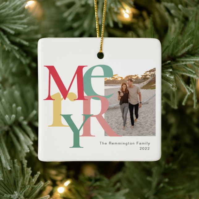 Merry Photo Simple Red Green Yellow Ceramic Ornament (Tree)