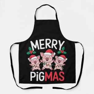 Merry Pigmas Christmas Pig Santa Hat Holly Lights Apron