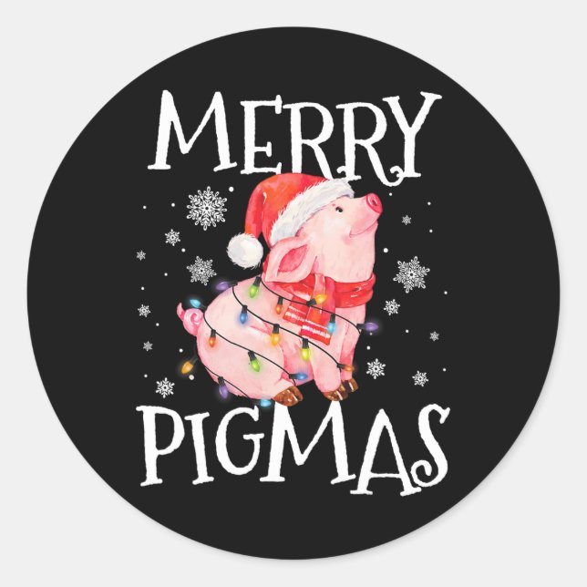 Merry Pigmas Funny Pig Christmas Lights Tree Xmas  Classic Round Sticker (Front)