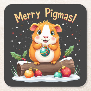 Merry Pigmas Guinea Pig Christmas Santa Square Paper Coaster