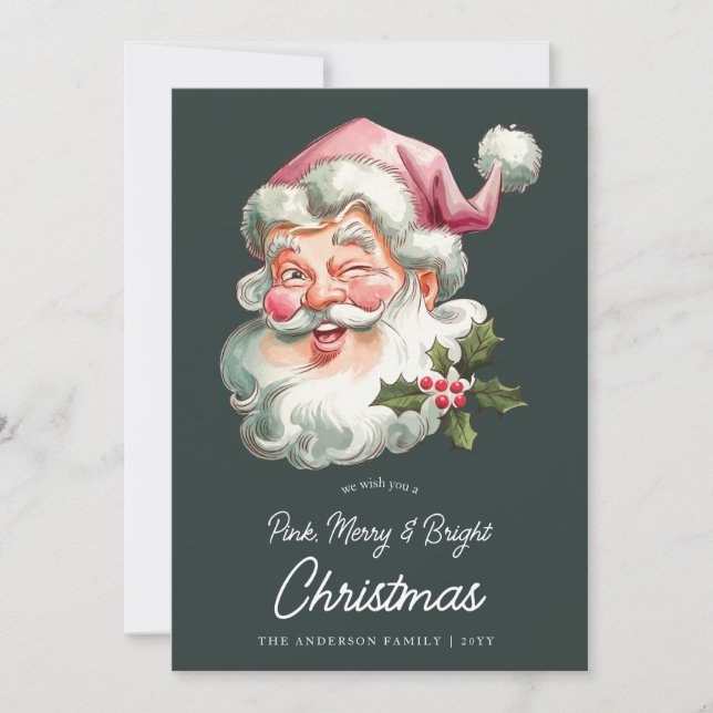 Merry Pink Christmas Santa retro watercolor Holiday Card (Front)