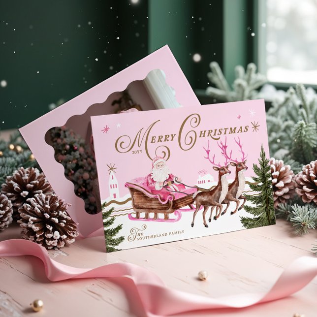Merry Pink Christmas Santa Seligh Reindeer Photo Holiday Card (Merry Pink Christmas Santa Seligh Reindeer Photo Holiday Card)