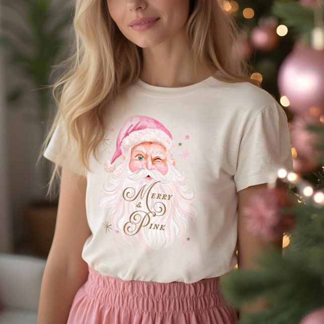 Merry & Pink Classic Christmas Retro Pink Santa Tri-Blend Shirt (Merry & Pink Classic Christmas Retro Pink Santa Tri-Blend Shirt)