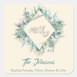 Merry Pink Name Mint Green Ivory Holidays Wreath Square Sticker