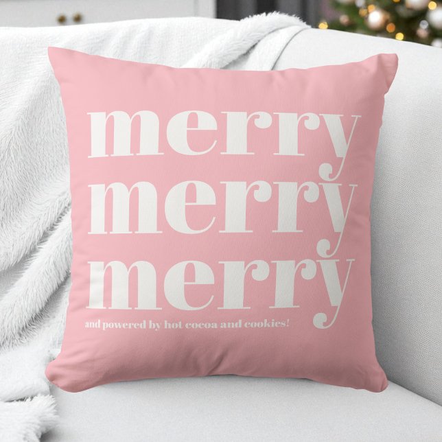 Merry Pink White Typography Fun Simple Christmas Cushion (Merry Pink White Typography Fun Simple Christmas Throw Pillow)
