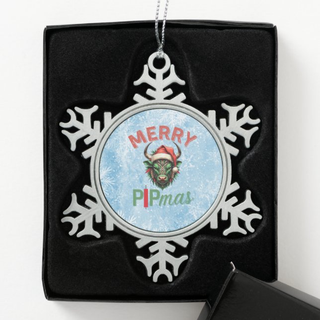 Merry PIPmas Trading Bull Christmas Design – Funny Snowflake Pewter Christmas Ornament (Box)