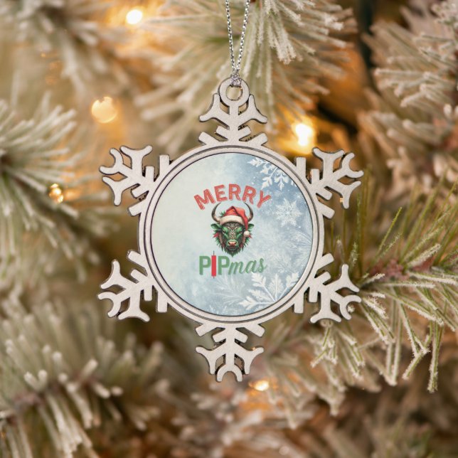 Merry PIPmas Trading Bull Christmas Design – Funny Snowflake Pewter Christmas Ornament (Tree)