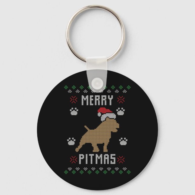 Merry Pitmas Funny Ugly Christmas Sweater Pit Bull Key Ring (Front)