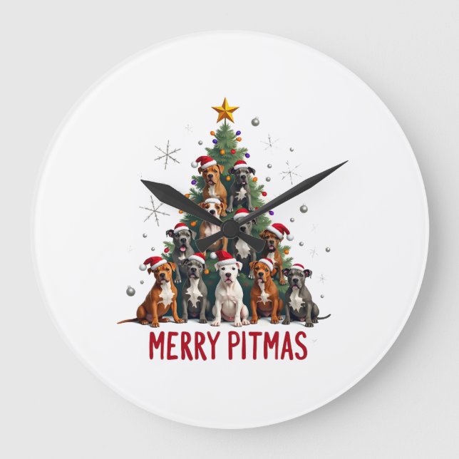 Merry Pitmas Pitbull Dog Ugly Christmas Sweater Tr Large Clock (Front)