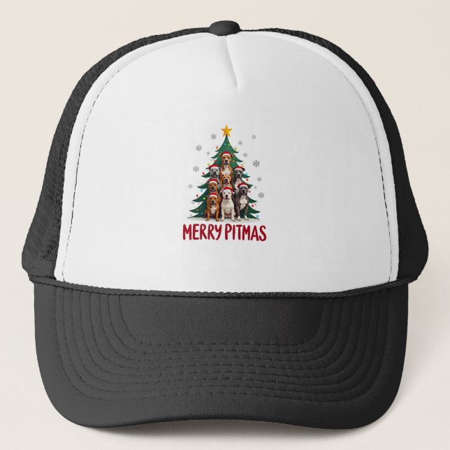 Merry Pitmas Pitbull Dog Ugly Christmas Sweater Tr Trucker Hat (Front)