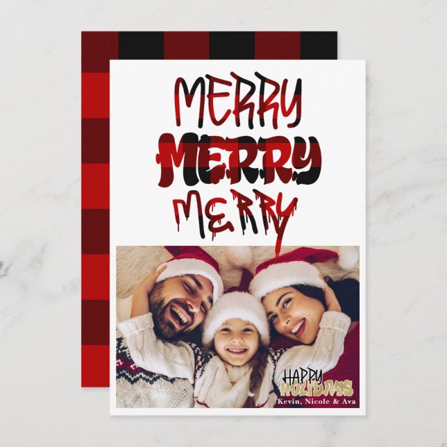 MERRY Plaid Grunge Typography Holiday Photo Card (Front/Back)