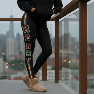 Merry Plaid & Leopard Print Side Stripe Christmas  Leggings