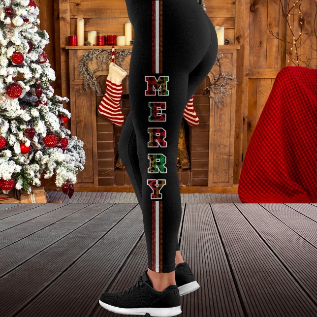 Merry Plaid & Leopard Print Side Stripe Christmas  Leggings (Merry Plaid & Leopard Print Side Stripe Christmas Leggings)