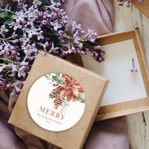 Merry Poinsettia Bunch Watercolor Pine Christmas Classic Round Sticker