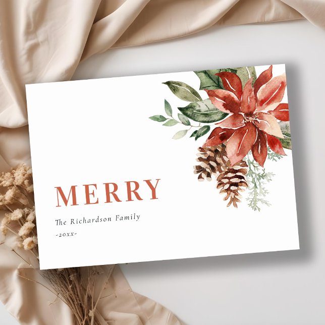 Merry Poinsettia Bunch Watercolor Pine Christmas H Holiday Card (Creator Uploaded)