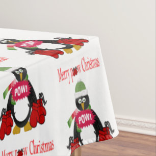Merry Pow Christmas Tablecloth, Penguin Boxing  Tablecloth