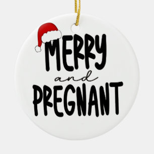Merry & Pregnant Pregnancy Announcement Santa Hat Ceramic Tree Decoration