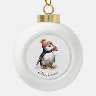 Merry Puffin Christmas Keepsake Ceramic Ball Christmas Ornament