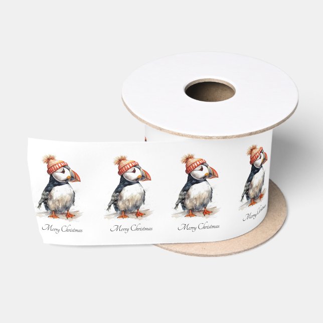 Merry Puffin, custom Satin Ribbon (Spool)